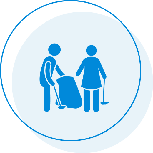 About - 1 A blue icon of two people with garbage bags.