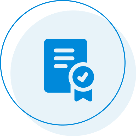 About - 3 A blue icon of a document with a check mark on it.