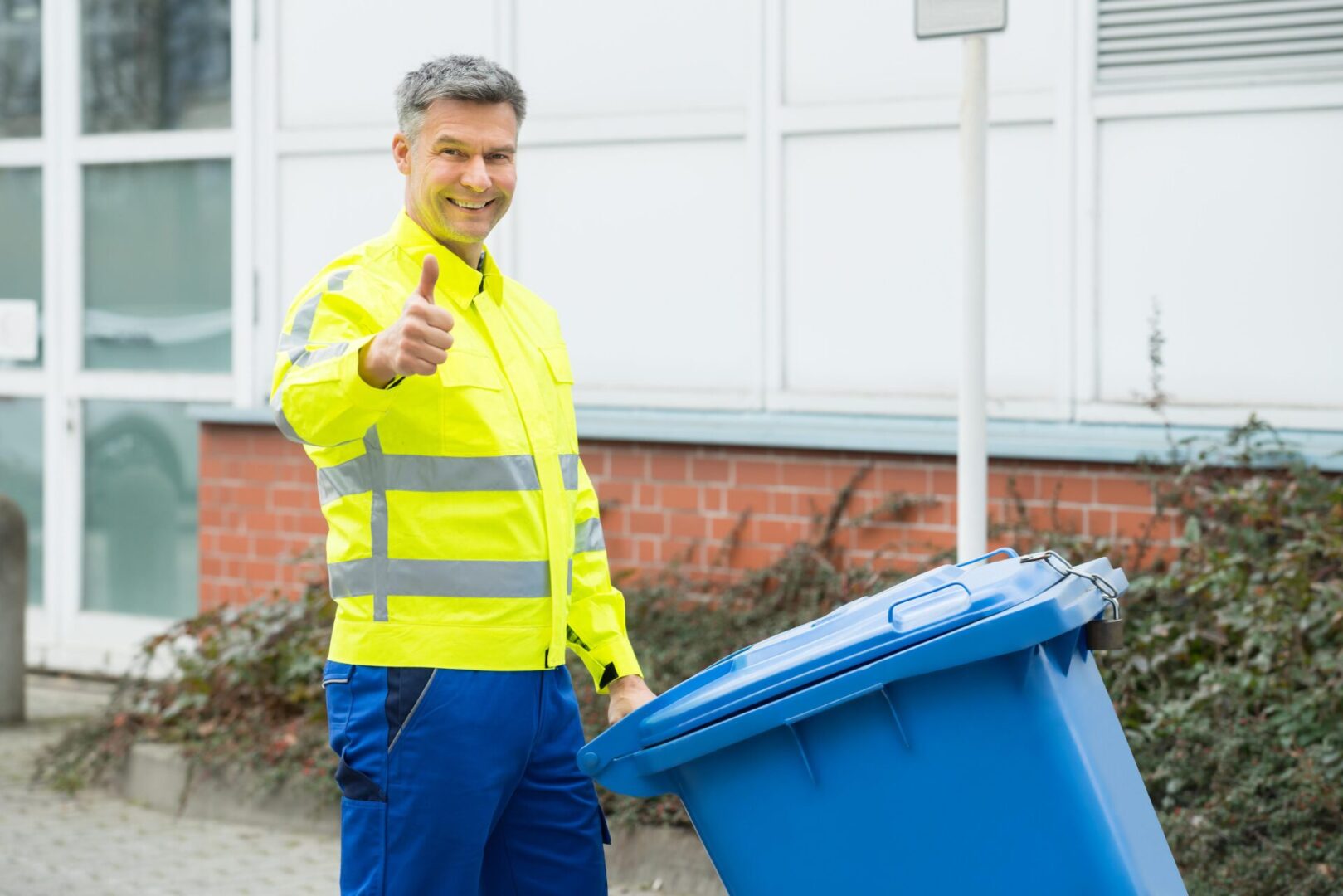 GettyImages-611186366 A man in yellow vest holding blue trash can.