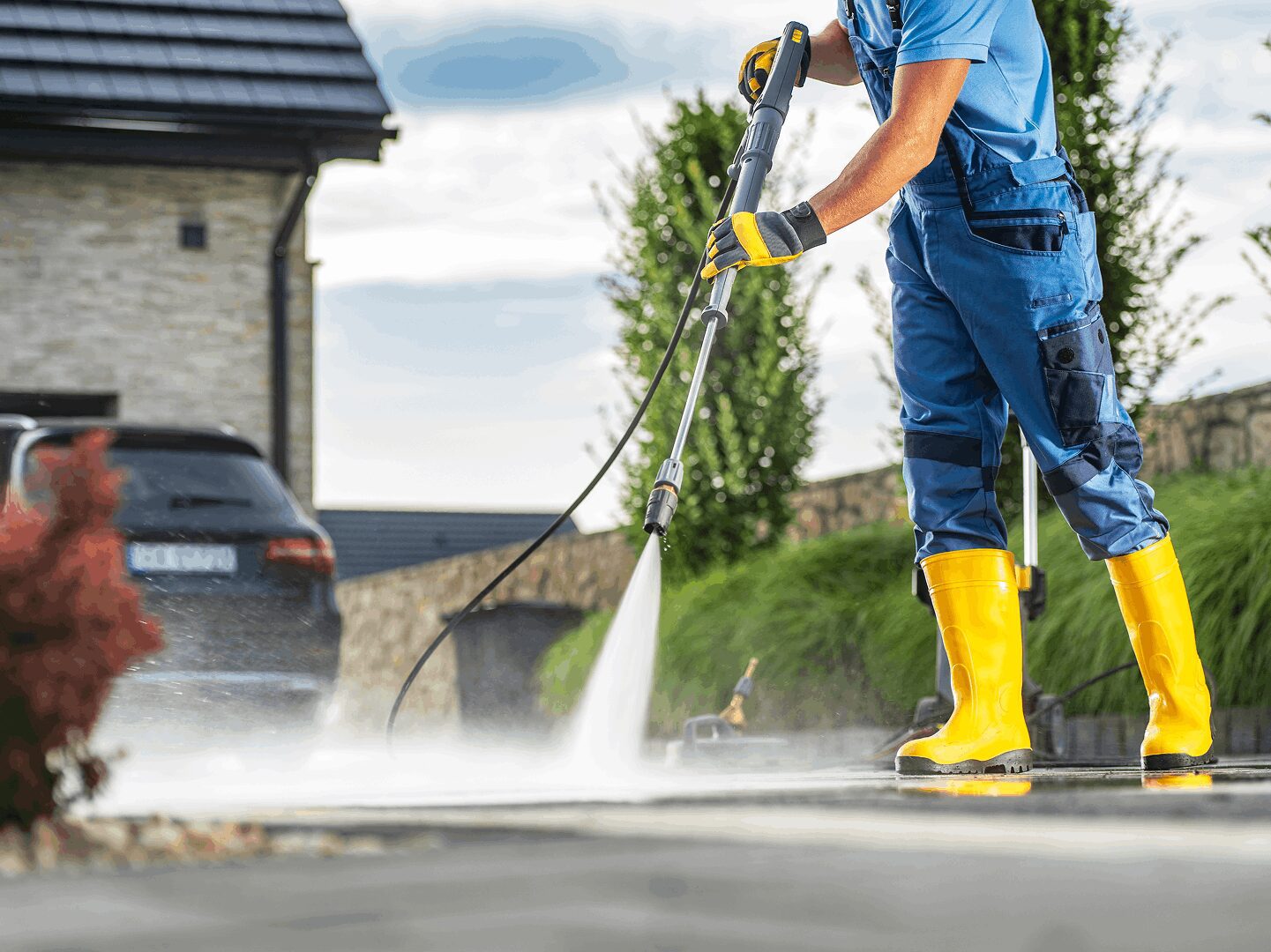 A man in blue shirt and yellow boots holding a hose.
