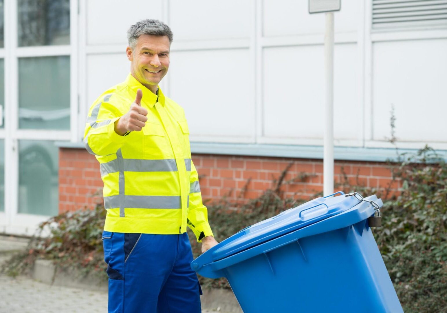 A man in yellow vest holding blue trash can.
